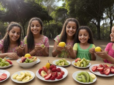 Criança feliz praticando exercícios ao ar livre, comendo frutas, representando dieta e exercícios para crianças obesas.