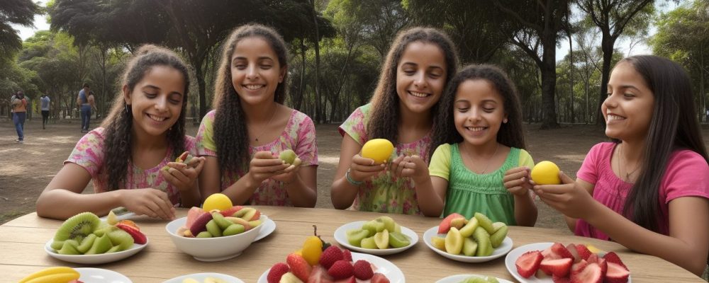 Criança feliz praticando exercícios ao ar livre, comendo frutas, representando dieta e exercícios para crianças obesas.
