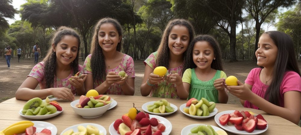 Criança feliz praticando exercícios ao ar livre, comendo frutas, representando dieta e exercícios para crianças obesas.