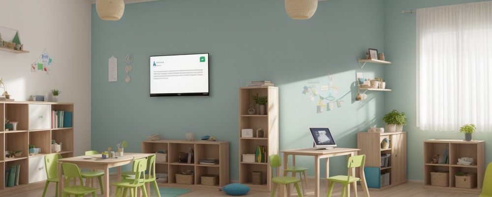 Uma sala de aula moderna com estudantes interagindo com objetos digitais de aprendizagem, alinhados à BNCC, promovendo engajamento e inovação.