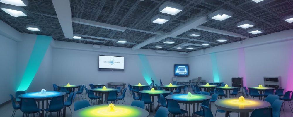 Ilustração mostrando objetos de aprendizagem e BNCC integrados, com alunos interagindo em um ambiente de ensino dinâmico e tecnológico