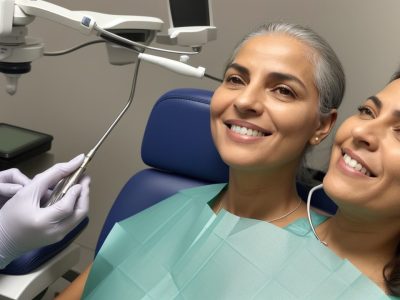 Dentista do trabalho examinando um paciente, com foco em práticas de saúde bucal e prevenção de doenças ocupacionais.