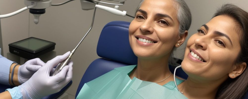 Dentista do trabalho examinando um paciente, com foco em práticas de saúde bucal e prevenção de doenças ocupacionais.
