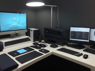 Operador de microcomputador trabalhando em um ambiente de escritório, utilizando softwares e interagindo com equipamentos, simbolizando eficiência e suporte tecnológico.