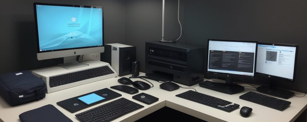 Operador de microcomputador trabalhando em um ambiente de escritório, utilizando softwares e interagindo com equipamentos, simbolizando eficiência e suporte tecnológico.