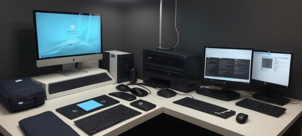 Operador de Microcomputador: Habilidades e Sucesso no Trabalho Operador de microcomputador trabalhando em um ambiente de escritório, utilizando softwares e interagindo com equipamentos, simbolizando eficiência e suporte tecnológico.
