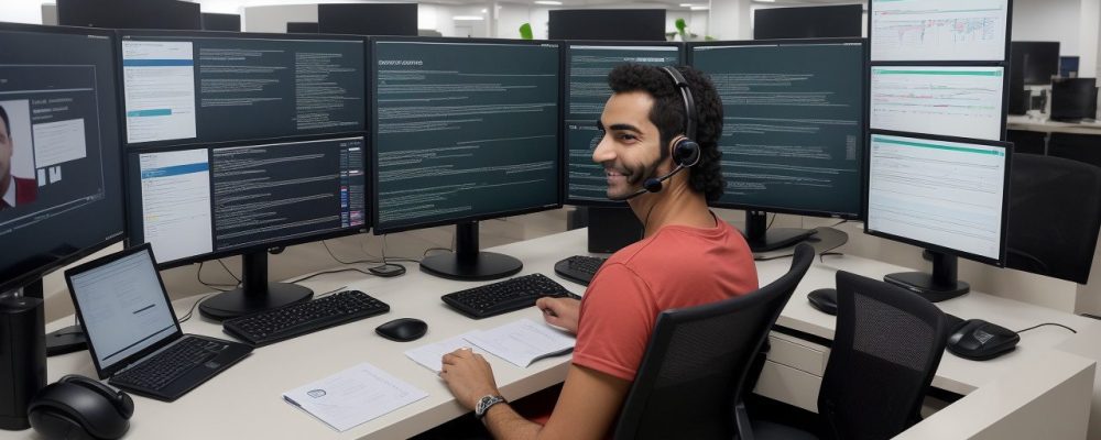 Representação visual de um operador de telemarketing utilizando um headset, interagindo com um cliente em um ambiente de escritório moderno, com foco em comunicação e atendimento.