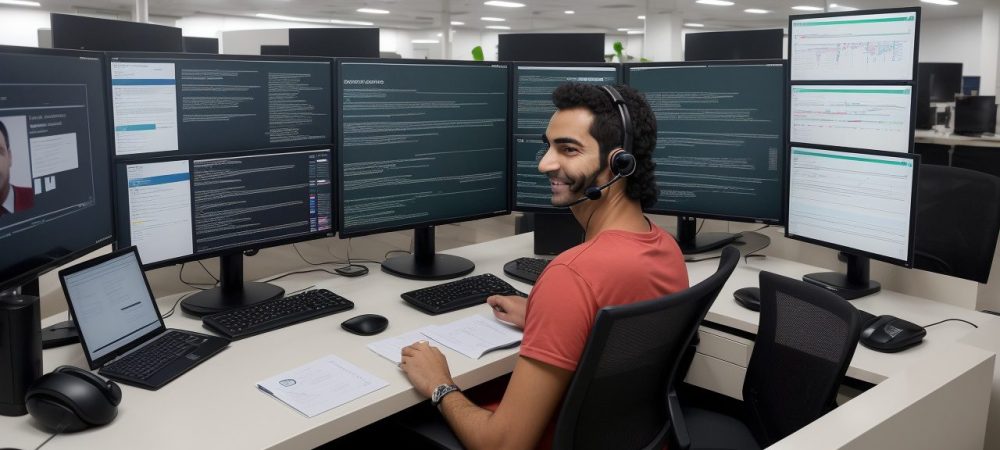 Representação visual de um operador de telemarketing utilizando um headset, interagindo com um cliente em um ambiente de escritório moderno, com foco em comunicação e atendimento.