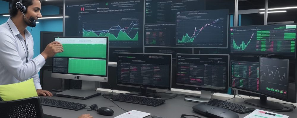 Imagem mostrando um operador de telemarketing sorrindo, em um ambiente moderno e com ferramentas de trabalho, representando sucesso e profissionalismo no telemarketing.