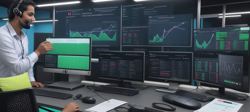 Imagem mostrando um operador de telemarketing sorrindo, em um ambiente moderno e com ferramentas de trabalho, representando sucesso e profissionalismo no telemarketing.