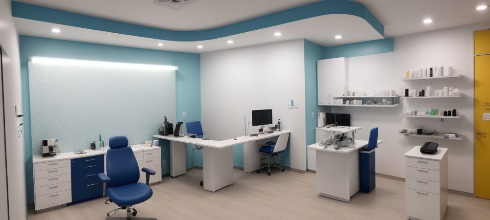 Imagem de um optometrista atendendo um paciente, com equipamentos modernos e um ambiente profissional, representando a otimização do atendimento em optometria.