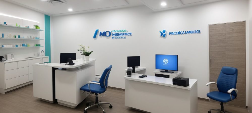 Imagem de um optometrista realizando um exame visual em um consultório moderno, com equipamentos de optometria e um paciente concentrado.