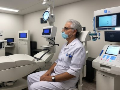 Optometrista examinando a visão de um paciente em um ambiente de consultório moderno, com equipamentos de optometria.