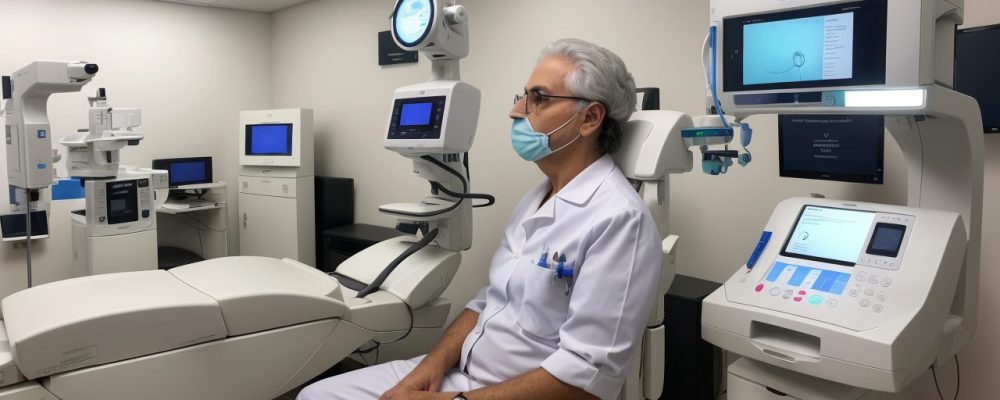 Optometrista examinando a visão de um paciente em um ambiente de consultório moderno, com equipamentos de optometria.