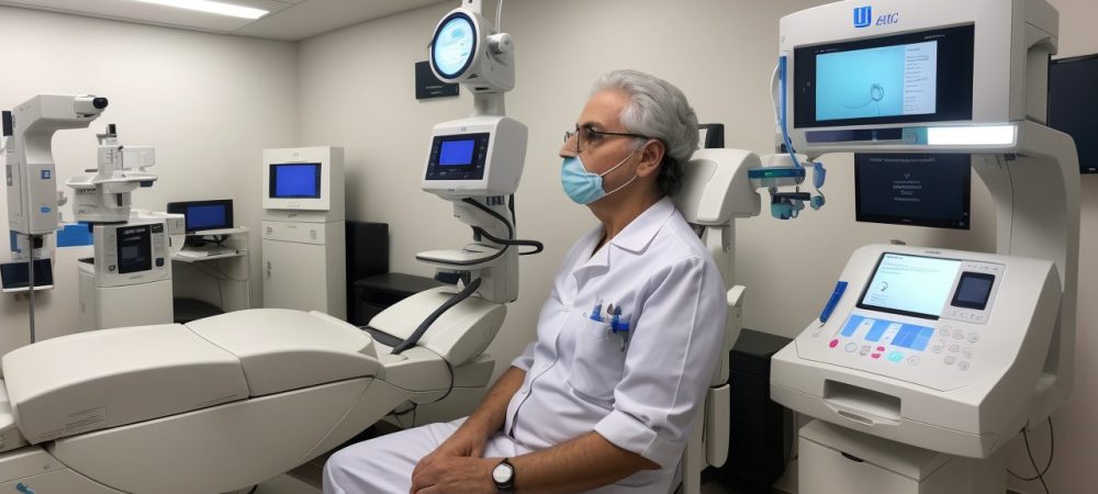 Optometrista examinando a visão de um paciente em um ambiente de consultório moderno, com equipamentos de optometria.