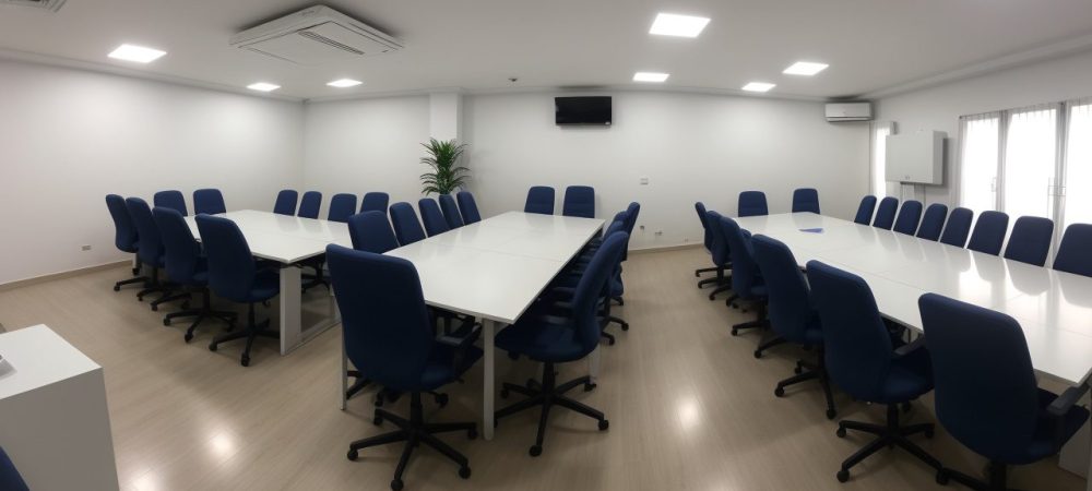 Servidor público apresentando em reunião, utilizando técnicas de oratória para comunicação eficaz e engajamento da audiência.