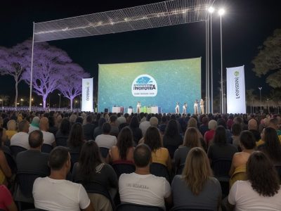 Cidadãos reunidos em um evento público, com um banner de organização de eventos ao fundo, mostrando planejamento e engajamento.