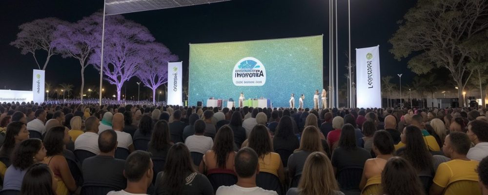 Cidadãos reunidos em um evento público, com um banner de organização de eventos ao fundo, mostrando planejamento e engajamento.