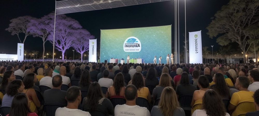 Cidadãos reunidos em um evento público, com um banner de organização de eventos ao fundo, mostrando planejamento e engajamento.