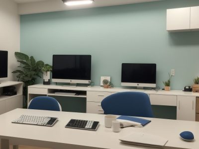 Ambiente de trabalho organizado, com foco em ergonomia, promovendo produtividade e gestão do tempo para servidores públicos