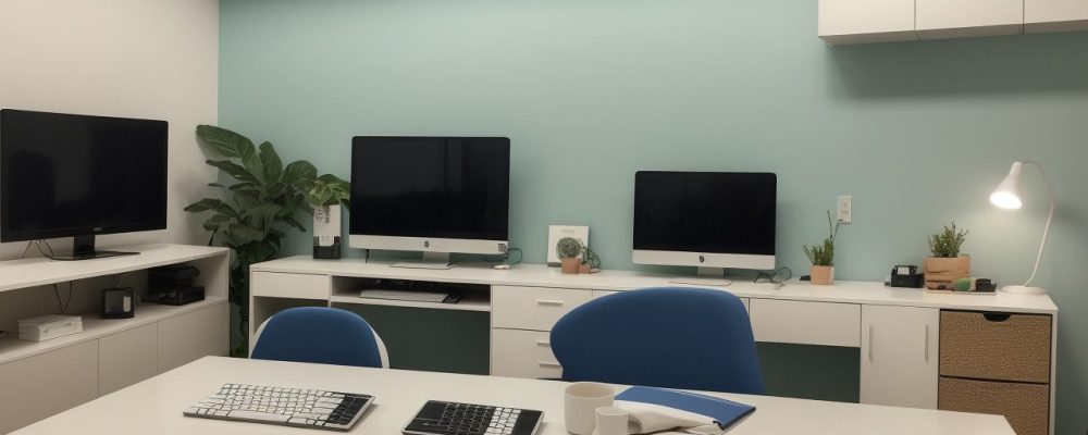 Ambiente de trabalho organizado, com foco em ergonomia, promovendo produtividade e gestão do tempo para servidores públicos