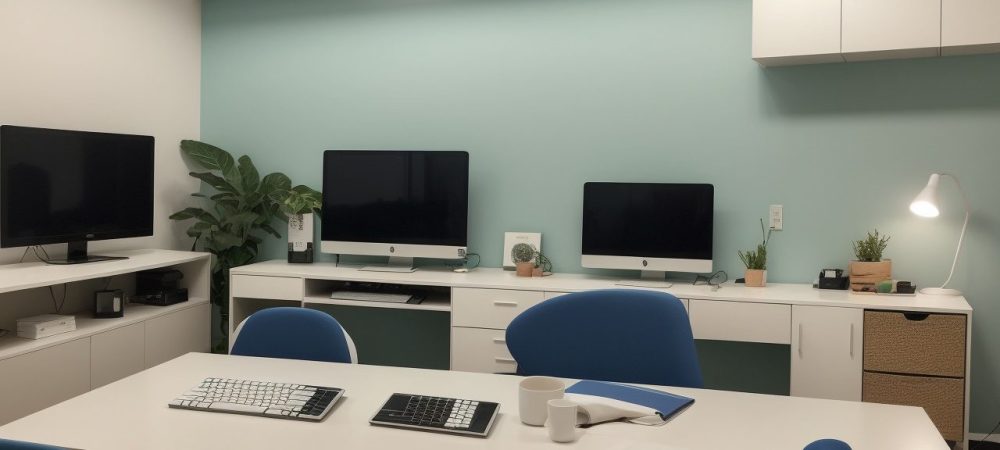 Ambiente de trabalho organizado, com foco em ergonomia, promovendo produtividade e gestão do tempo para servidores públicos