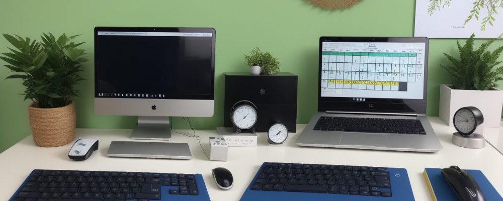 Ambiente de trabalho organizado com elementos que promovem a produtividade e a gestão do tempo, ideal para a organização no trabalho.
