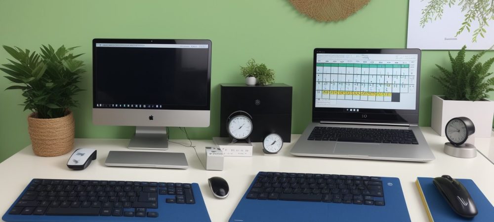 Ambiente de trabalho organizado com elementos que promovem a produtividade e a gestão do tempo, ideal para a organização no trabalho.