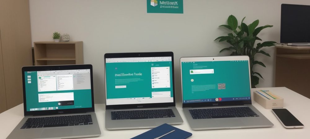 Ilustração de um profissional utilizando o Pacote Office, com foco em Excel, Word e PowerPoint, e banners de 'curso online de pacote office' e 'inscrição no curso'