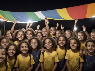 Crianças e pais interagindo em um evento escolar, simbolizando a parceria escola e família e o engajamento na educação.