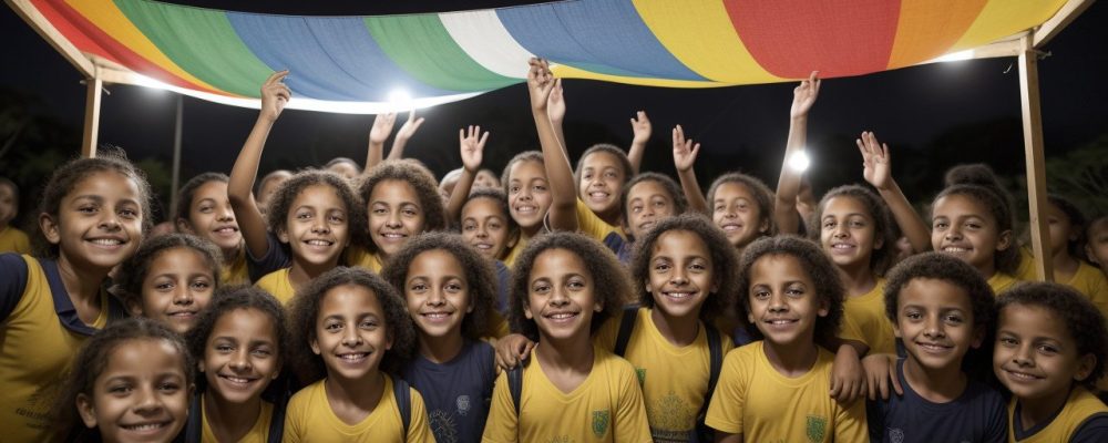 Crianças e pais interagindo em um evento escolar, simbolizando a parceria escola e família e o engajamento na educação.