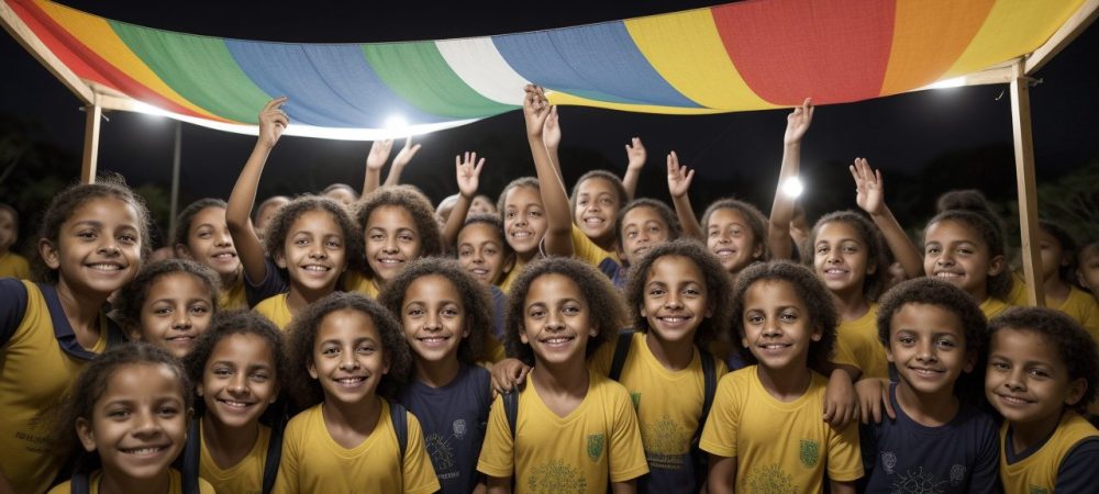 Crianças e pais interagindo em um evento escolar, simbolizando a parceria escola e família e o engajamento na educação.