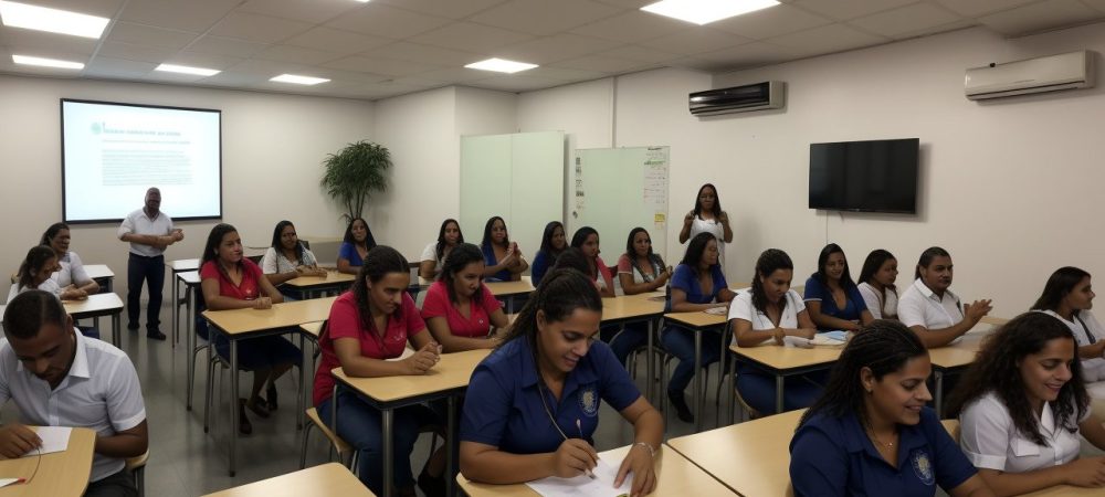 Imagem representando a parceria entre escola e família, com crianças, pais e educadores trabalhando juntos para o sucesso educacional