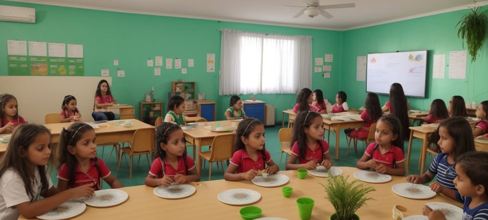 Crianças em sala de aula Waldorf, praticando atividades pedagógicas Waldorf, como pintura e jardinagem, demonstrando aprendizado e criatividade