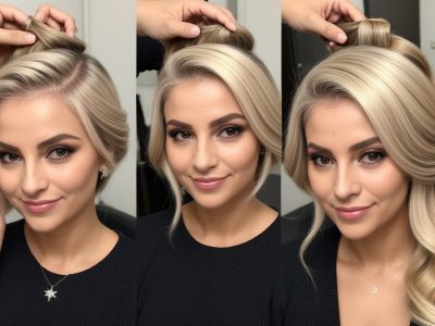 Mulher com diversos penteados elegantes, mostrando técnicas de penteados para casamento e festas, incluindo tranças e coques.