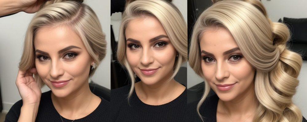 Mulher com diversos penteados elegantes, mostrando técnicas de penteados para casamento e festas, incluindo tranças e coques.