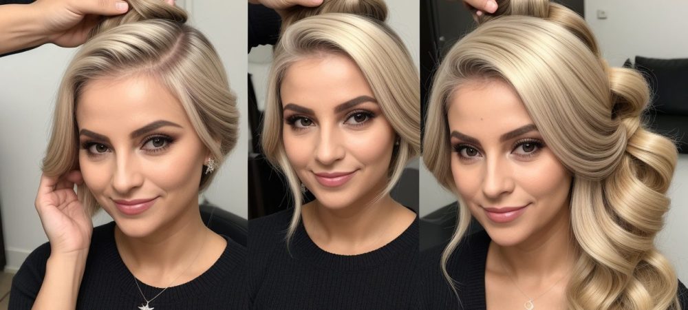 Mulher com diversos penteados elegantes, mostrando técnicas de penteados para casamento e festas, incluindo tranças e coques.