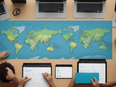 Ilustração de uma equipe em reunião, com gráficos e dados representando a pesquisa de clima organizacional, focando na análise e melhoria do ambiente de trabalho.