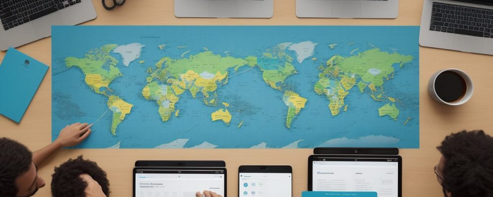 Ilustração de uma equipe em reunião, com gráficos e dados representando a pesquisa de clima organizacional, focando na análise e melhoria do ambiente de trabalho.