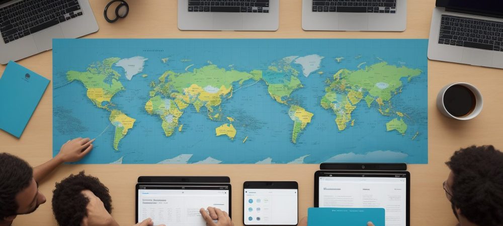 Ilustração de uma equipe em reunião, com gráficos e dados representando a pesquisa de clima organizacional, focando na análise e melhoria do ambiente de trabalho.