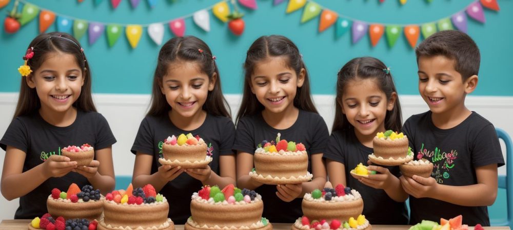 Crianças desfrutando de picolés recheados e tortas coloridas em um ambiente escolar, promovendo hábitos alimentares saudáveis e criatividade.