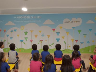 Imagem representando os quatro pilares da educação: Aprender a Conhecer, Aprender a Fazer, Aprender a Viver Juntos e Aprender a Ser, com estudantes interagindo e colaborando em um ambiente de aprendizado dinâmico.