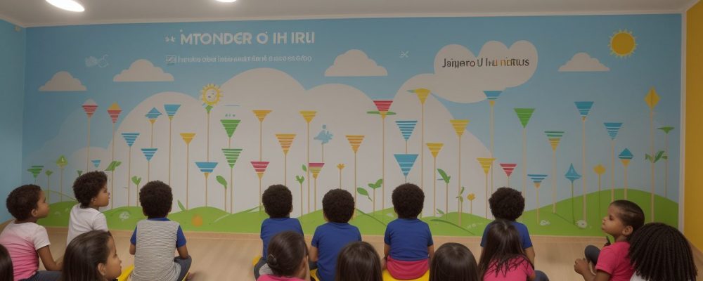 Imagem representando os quatro pilares da educação: Aprender a Conhecer, Aprender a Fazer, Aprender a Viver Juntos e Aprender a Ser, com estudantes interagindo e colaborando em um ambiente de aprendizado dinâmico.