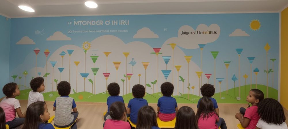 Imagem representando os quatro pilares da educação: Aprender a Conhecer, Aprender a Fazer, Aprender a Viver Juntos e Aprender a Ser, com estudantes interagindo e colaborando em um ambiente de aprendizado dinâmico.