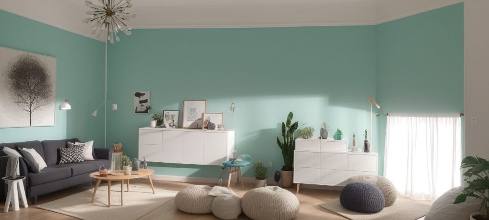 Imagem mostrando uma pessoa pintando uma parede, com materiais de pintura e um laptop exibindo um curso online de pintura doméstica, representando a transformação de ambientes e a aprendizagem.