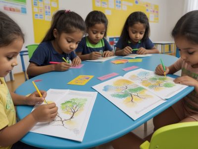 Sala de aula infantil com educadora planejando atividades lúdicas e metodologias ativas segundo a BNCC