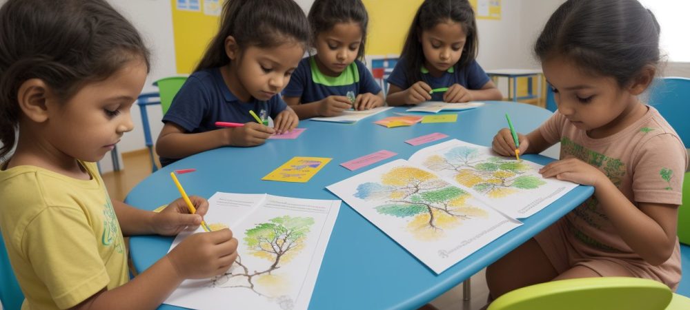 Sala de aula infantil com educadora planejando atividades lúdicas e metodologias ativas segundo a BNCC