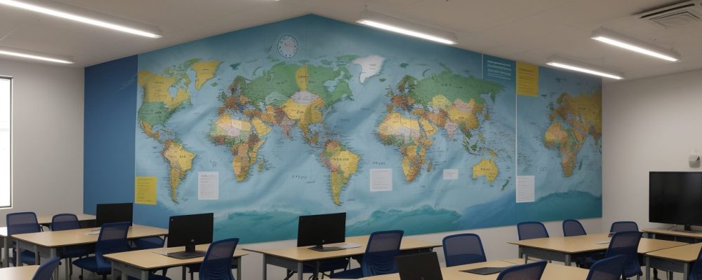 Professor e alunos em sala de aula, colaborando em um projeto de planejamento de aula interdisciplinar, com foco em exemplos práticos e engajamento.