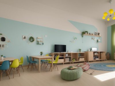 Professor e alunos colaborando em atividades de planejamento de aula em uma sala de aula moderna e acolhedora.