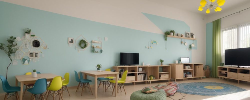 Professor e alunos colaborando em atividades de planejamento de aula em uma sala de aula moderna e acolhedora.